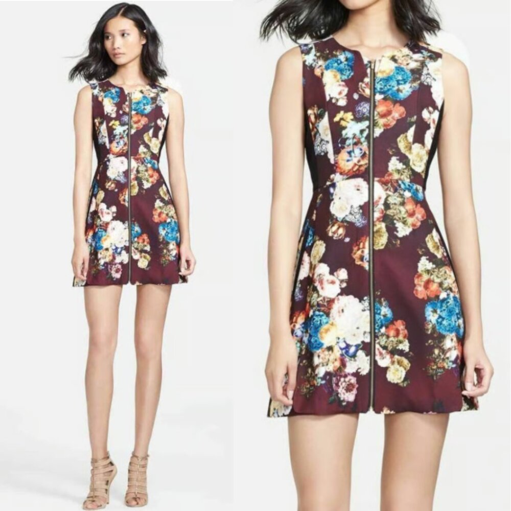 McGinn Emily Zip Front Floral Fit & Flare Dress Maroon Sz 4